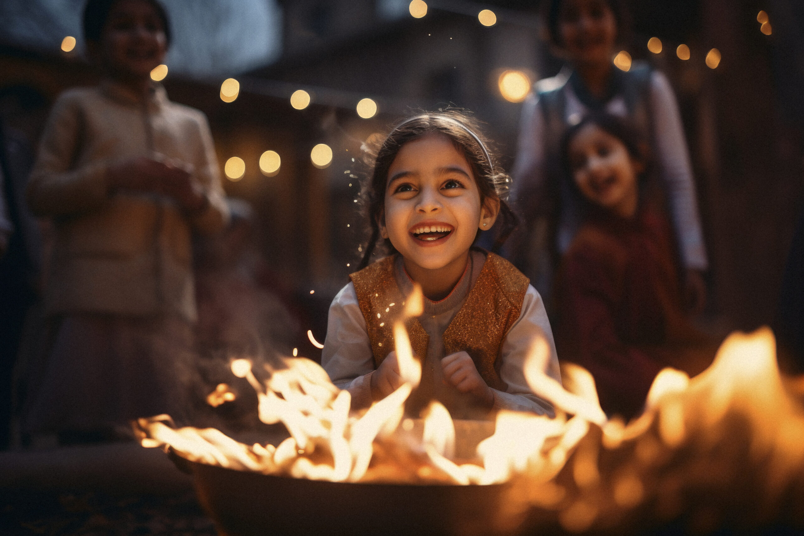 Show the unbridled joy of children during Lohri. Capture their excitement as they receive gifts and sweets, reflecting the innocence and happiness of the younger generation. Realistic, lohri, cinematic photo, photography, cinematic tones, --ar 3:2 --v 5.2 Job ID: c4d51bf1-6dec-4bf6-83d5-cf687808b254